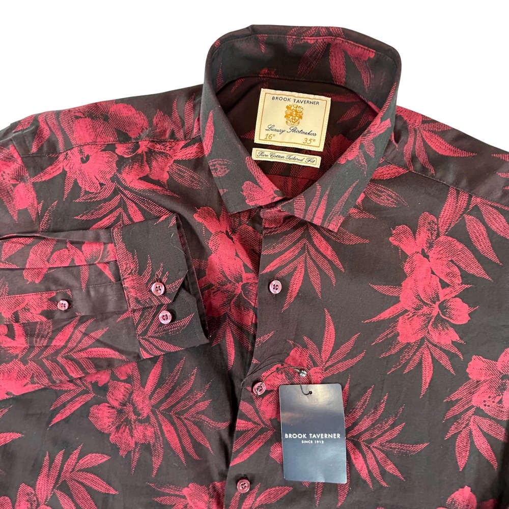 Brook Taverner Mens Shirt 16 35 Black Red Floral 100% Cotton Tailored Fit NWT